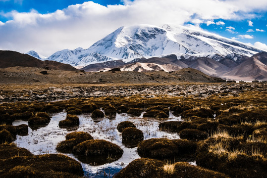 高原湿地雪山倒影