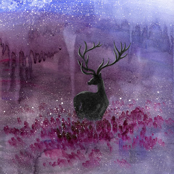 鹿的风景水彩画素材