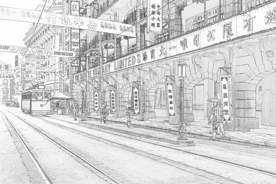 老上海街景線描