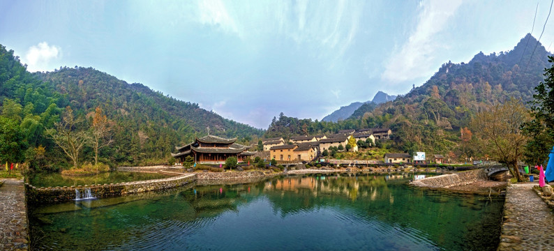 武义牛头山 山脚 农舍湖泊全景