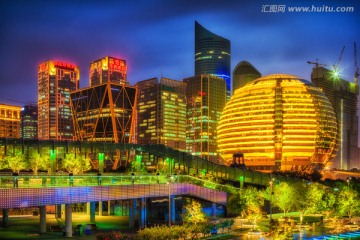 杭州钱江新城建筑群夜景HDR