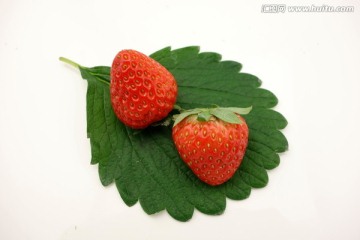 草莓 两个 绿叶 白底素材图