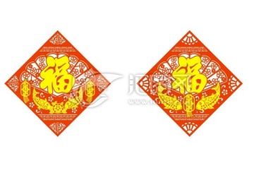 方形雙魚福貼 扇形
