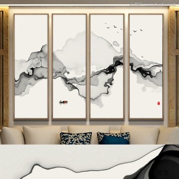 中式意境水墨畫(huà) 四聯(lián)背景畫(huà)