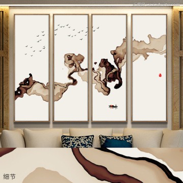 水墨畫 四聯(lián)水墨山水裝飾畫