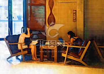 咖啡店里的少女 油畫