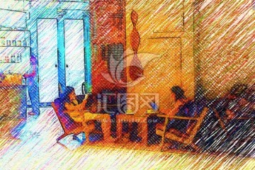 咖啡店里的少女 油畫