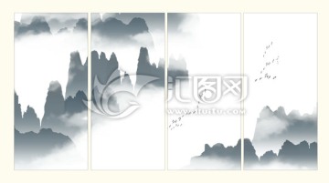 四聯(lián)水墨山水畫