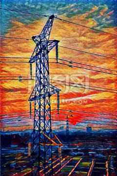 夕陽(yáng)下的電塔油畫(huà)