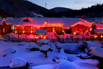 雪乡 夜景 灯光 红灯 灯笼