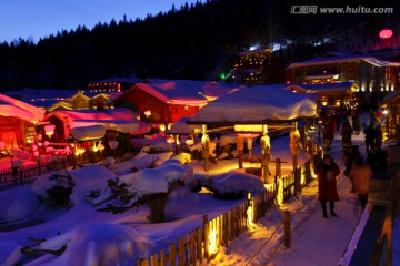 雪乡 夜景 灯光 红灯