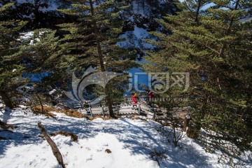 林海雪地栈道上的红衣少女