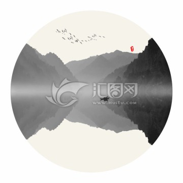 水墨山水畫(huà) 圓形小品畫(huà)