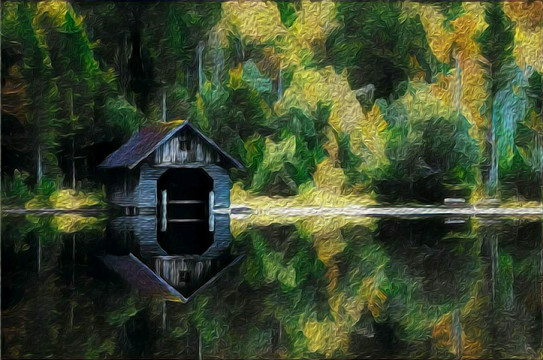 森林小屋油画装饰画