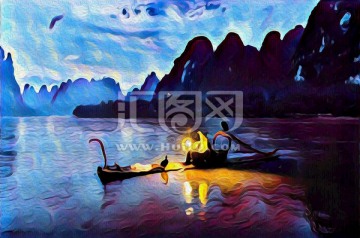 漓江漁火山水油畫裝飾畫