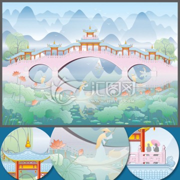 山水石拱橋廊橋效果圖