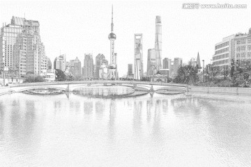 上海外灘全景線描