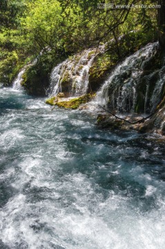 九寨溝高山森林小溪瀑布流水