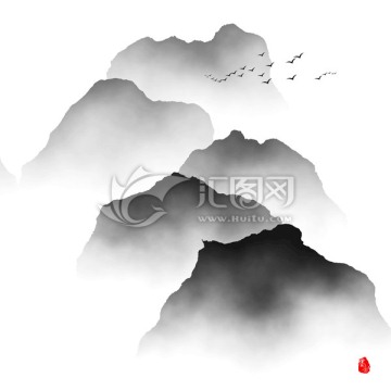 水墨畫 新中式水墨云霧山峰