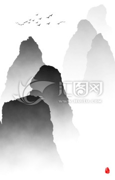 新中式水墨云霧山峰