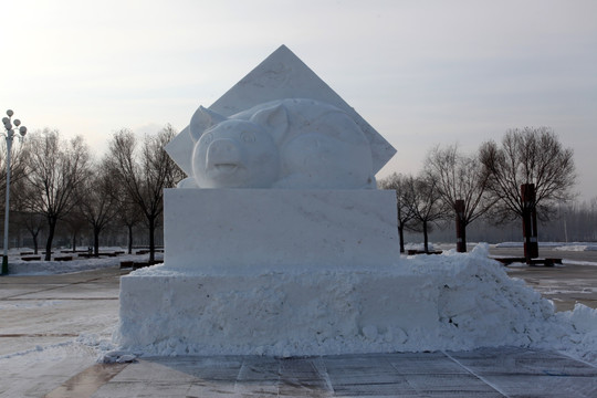 雪雕 雪 冬天 猪