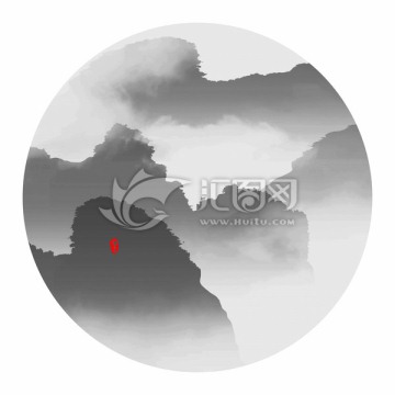水墨山水畫  圓形小品畫
