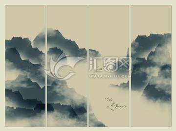 四聯(lián)水墨山水畫