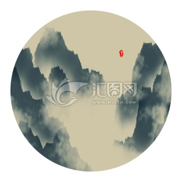 水墨山水畫  圓形小品畫