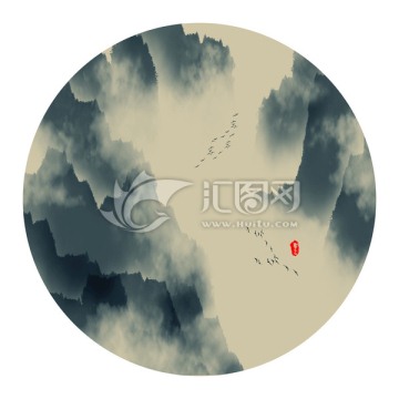 水墨山水畫  圓形小品畫