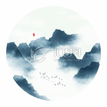 水墨山水畫 圓形小品畫