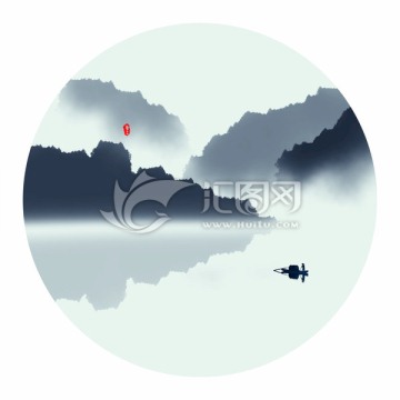 水墨山水畫 圓形小品畫