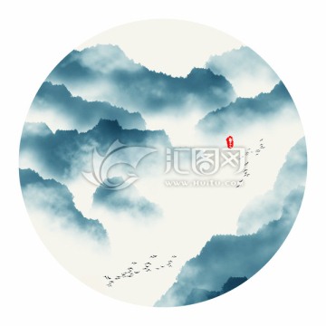 水墨山水畫 圓形小品畫