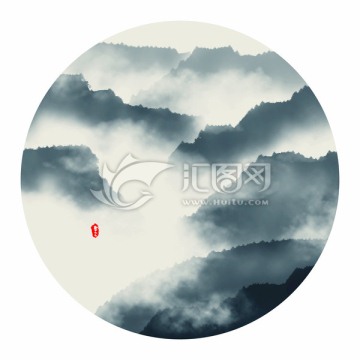 水墨山水畫 圓形小品畫