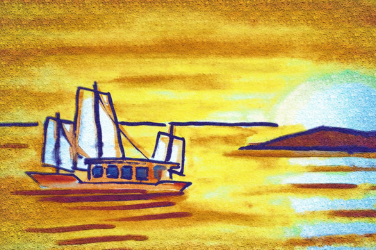 航行的帆船 油画