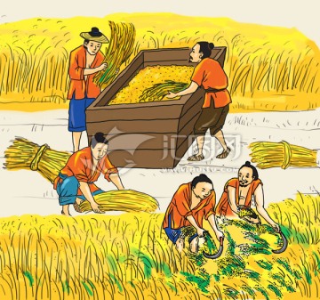古人豐收勞動(dòng)舂米