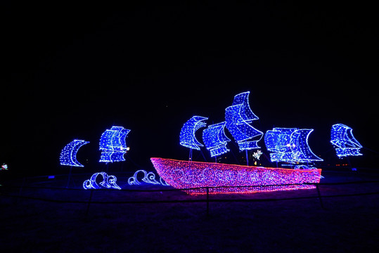 兰溪市中洲公园夜景 帆船花灯