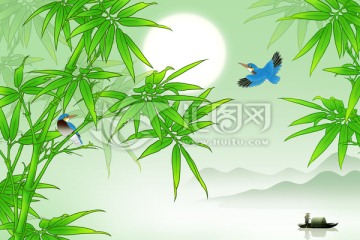 竹林月色竹報(bào)平安背景墻畫裝飾畫