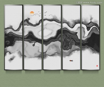 新中式水墨装饰画 五联挂画