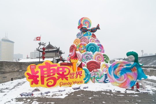 西安古城墙雪景 灯展