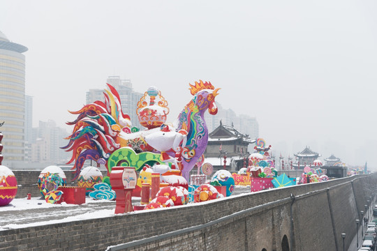 西安古城墙雪景 灯展