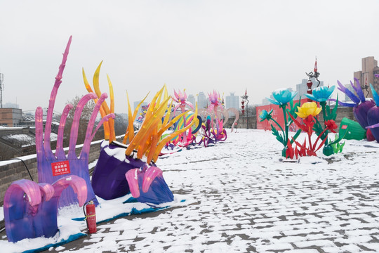 西安古城墙雪景 灯展