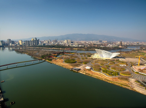 金华燕尾洲婺剧院彩虹桥全景