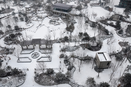 水墨色调的园林雪景