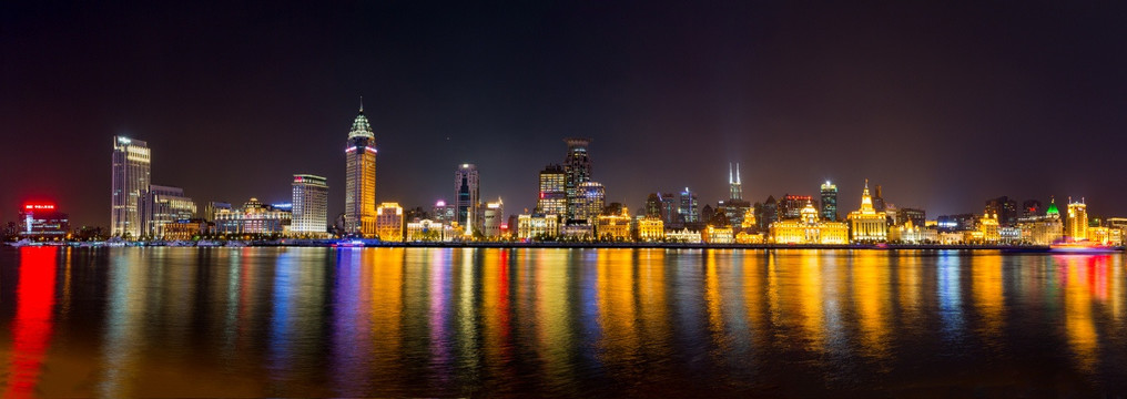 上海黄浦江外滩夜景全景