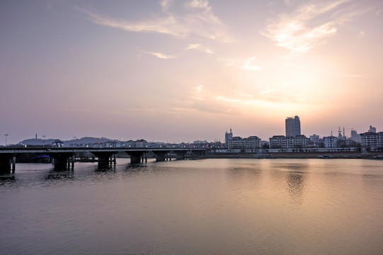 金华兰溪兰江大桥夕阳晚霞全景