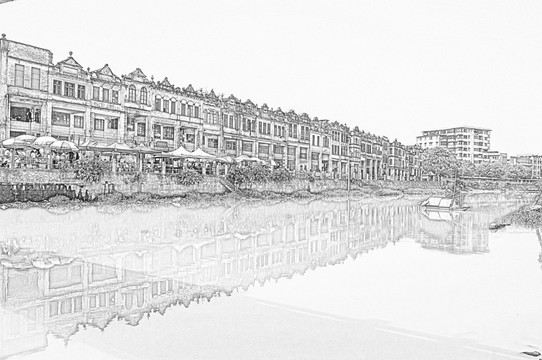 古鎮(zhèn)雕樓線描