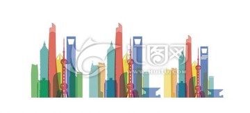 上海地标建筑城市彩色剪影矢量