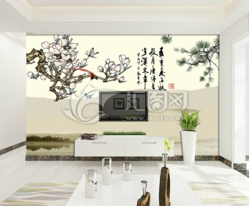 玉蘭花山水國畫中式電視背景墻