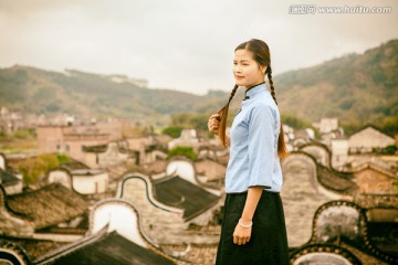 清纯少女怀旧民国学生装古村人像