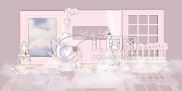 粉色藍(lán)色浪漫婚禮迎賓區(qū)效果圖